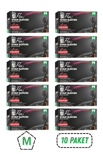 Flex Tpe Pudrasız Siyah Eldiven M Beden 10 Paket