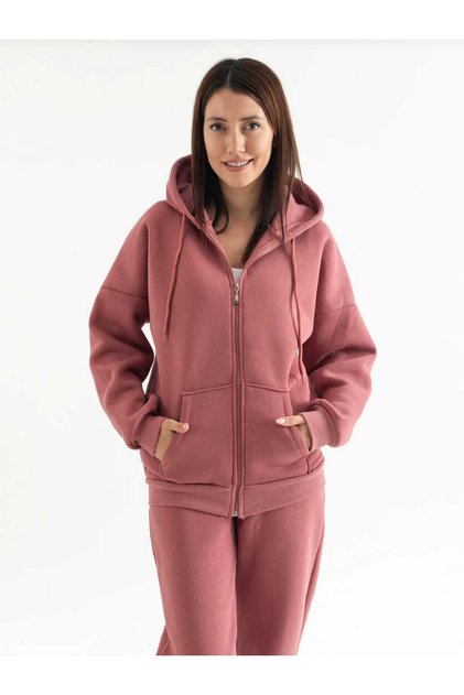 Dusty Rose Hooded Kangaroo Pocket Oversized Rubber Leg Women's Tracksuit Set