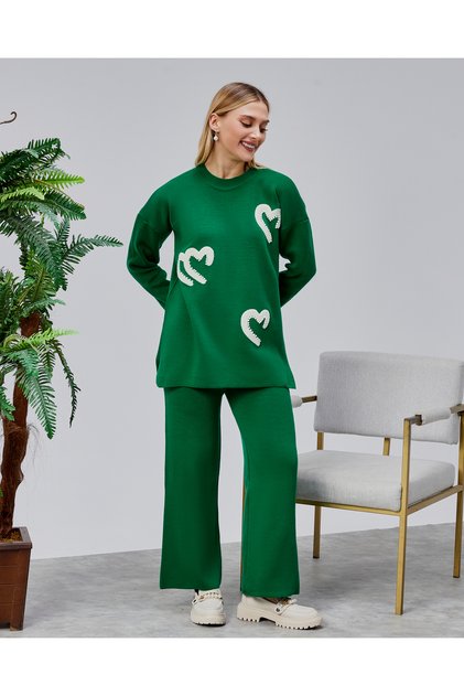 Women's Heart Screen Printing Pearl Embroidery Detail Knitwear Sweater Pants Two-Piece Set