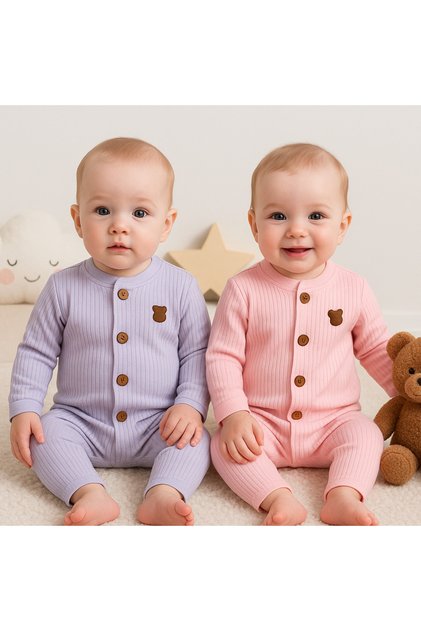 Baby Girl Newborn Hat Romper Pink Lilac Cotton 2-Piece Romper Set