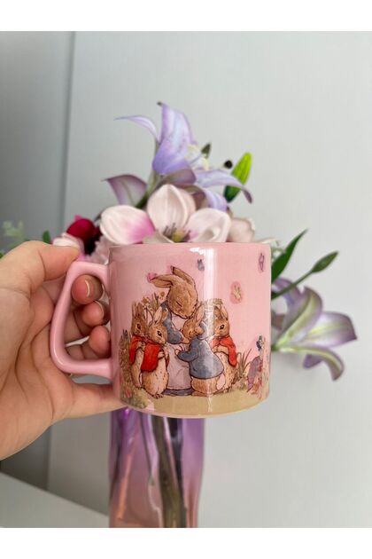 Baskılı Seramik Kupa Vintage Tavşan Ailesi Temalı Baskılı Çay ve Kahve Kupası