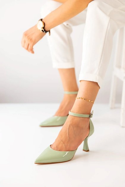 Water Green Patent Leather 7cm Belt Strap Pointed Toe Stiletto Thin Heels Women Shoes