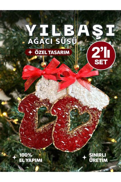 2’li Kristal Dokulu El Yapımı Reçine Eldiveni Yılbaşı Çam Ağacı Süsü Hediyelik Kırmızı Kurdeleli