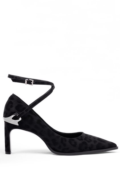 Leopard Patterned Ankle Strap Pointed Toe Women's Stiletto Shoes with Tie-Up Heels