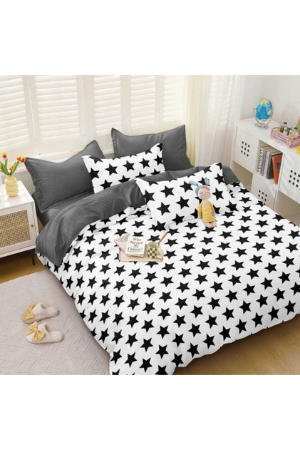 Lenjerie pat dublu, bumbac satinat, cearsaf clasic, 4 piese