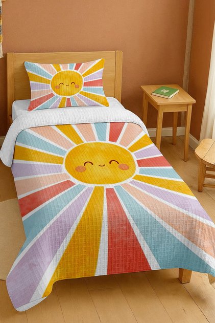 100% Cotton Smiling Rainbow Patterned Twin Bed Spread Set