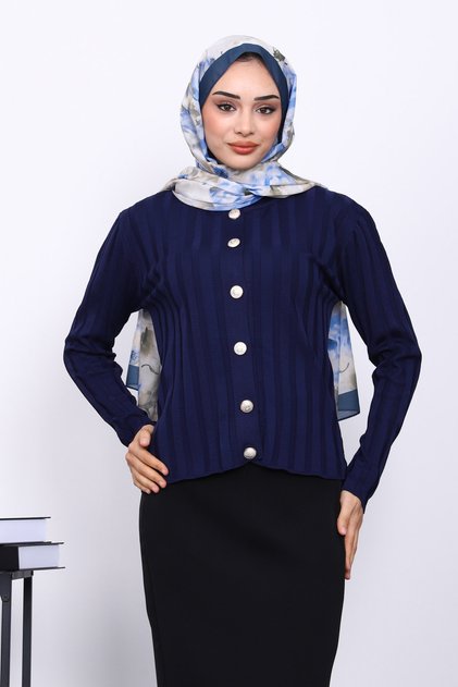 Navy Blue Cold Yarn Buttoned Cardigan