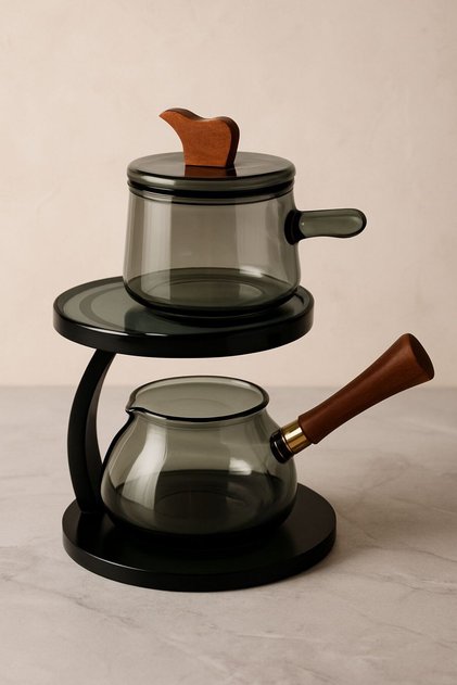 Akasya Saplı Otantik Borosilikat Cam İkili Bitki Çayı Demliği Füme 350 Ml