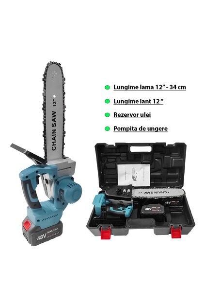 DRUJBĂ CU 2 BATERII, DDT, LAMĂ DE 12" (34 CM), LANȚ DE 34 CM, 24 V, 2 AH, REZERVOR DE ULEI, POMPĂ DE GRĂSIRE