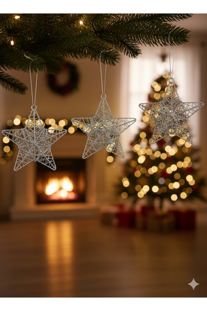 3 Pieces Christmas Tree Wire Star Ornament (15 cm) - Silver Color 3-Dimensional Luxurious Large Size Decoration Set