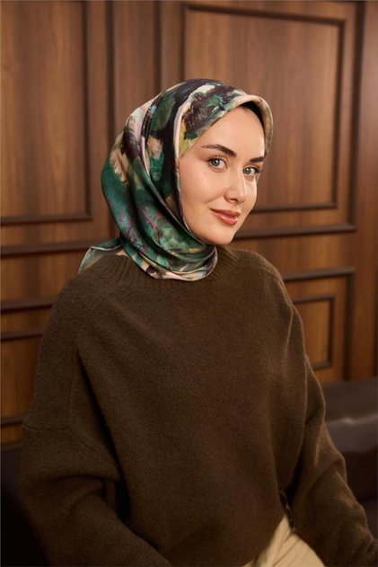 Twill Silk Scarf Çağla-Dark Green Patterned Tok Duruşlu 90X90