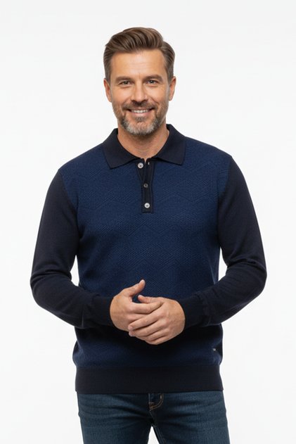 Erkek Desenli Polo Yaka Çıtçıtlı Kazak | %70 Pamuk