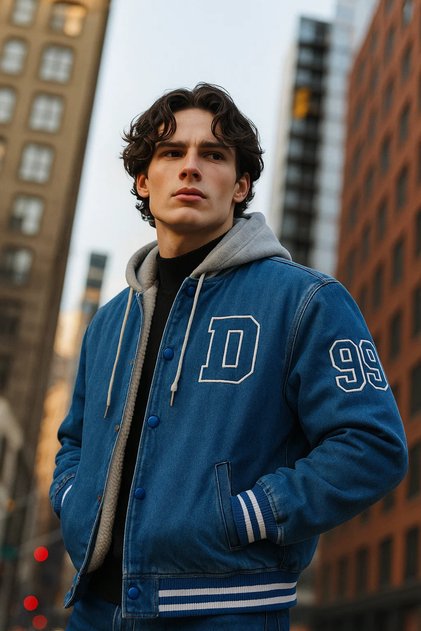 Men's Hooded Blue Denim College Coat