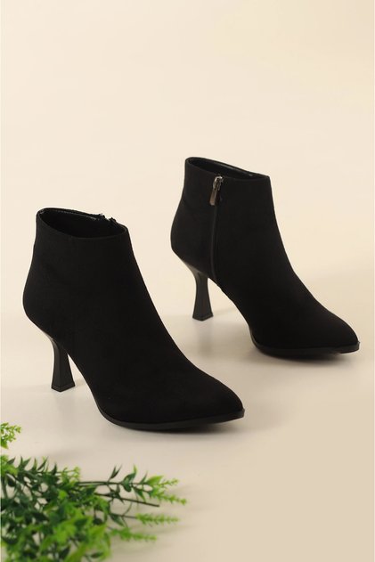 Black Suede Pointed Toe 8 cm Thin Heeled Women's Boots Tmd202501