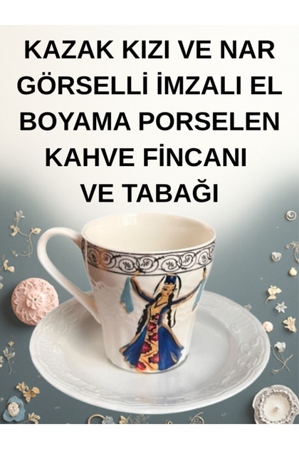 Signed Hand-Painted Porcelain Coffee Cup and Saucer with a Kazak Girl and Pomegranate Image