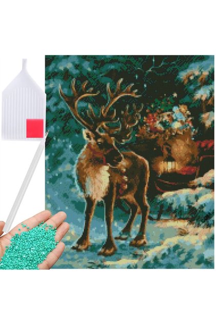 Set broderie cu diamante, model Ren de Craciun cu sanie si cadouri