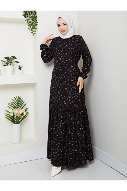 Cıtır Black Viscose Dress with Pink Flowers