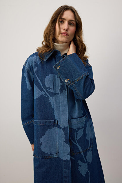 Touche Prive Flower Patterned Denim Jacket- Trendyol
