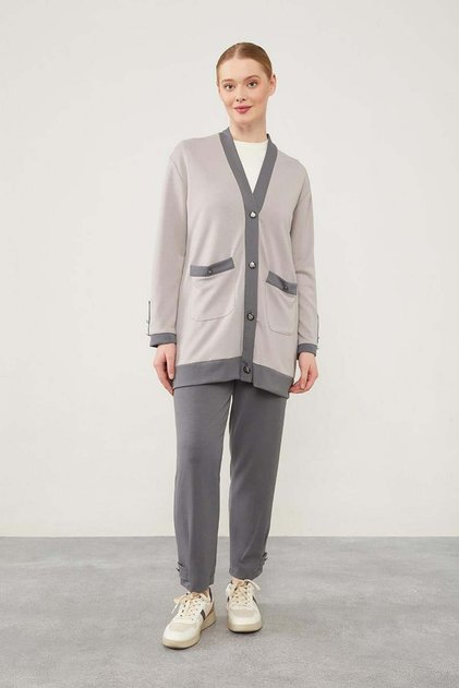 Gray-Anthracite Ribbed Button Detailed Cardigan Suit