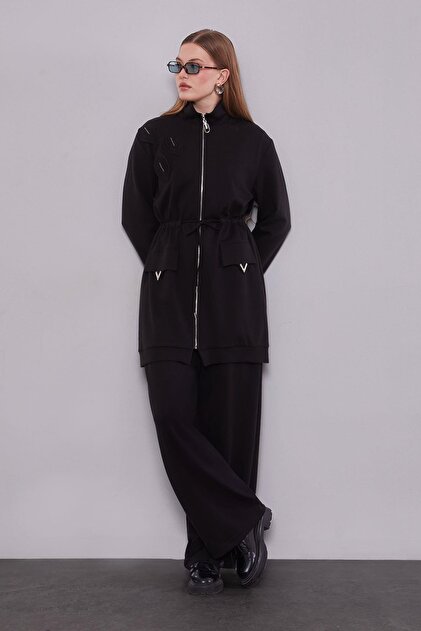 Black Double Suit with Pocket Accessory Detail