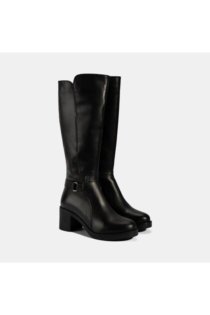 Women's Black Thick Heeled Leather Boots