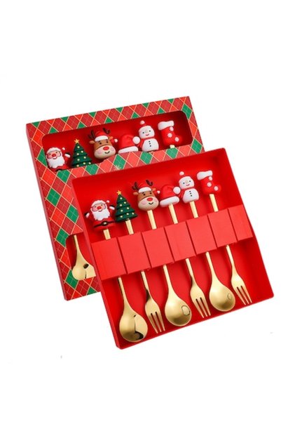 Set de 6 tacâmuri de Crăciun, oțel inoxidabil, cutie cadou