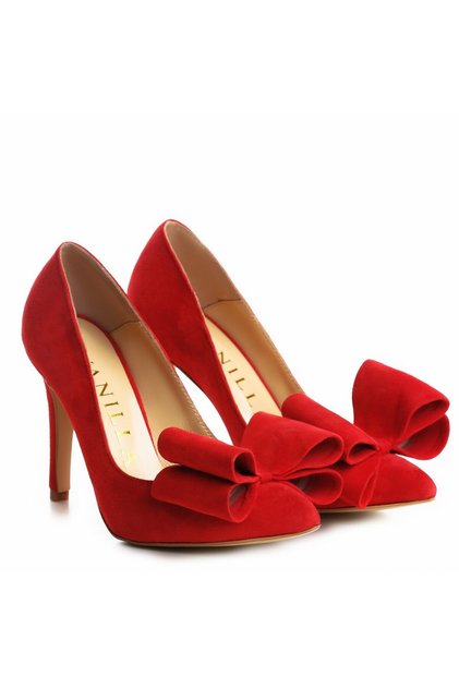 Tocuri stiletto Catrina roșii din piele întoarsă cu toc de 10 cm și fundă