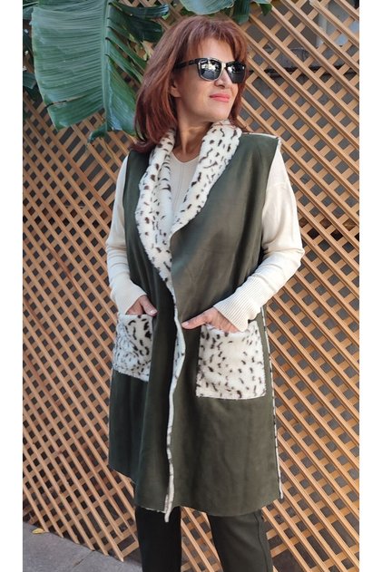 Italian Nubuck Pocketed Leopard Vest Khaki