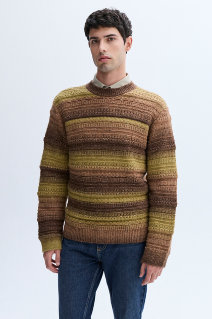 Men's Brown Striped Crew Neck Textured Sweater