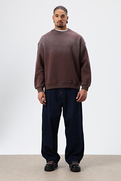 Yıkamalı Taş Detaylı Oversize Sweatshirt Kahve