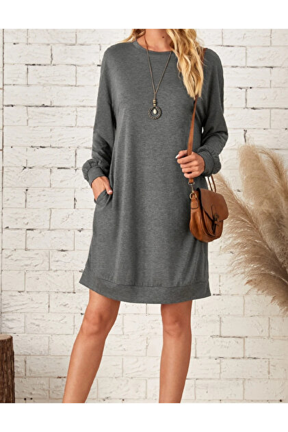 grey dress shein Shein Grey White Long Sleeve Pleated Dress Womens Size Large