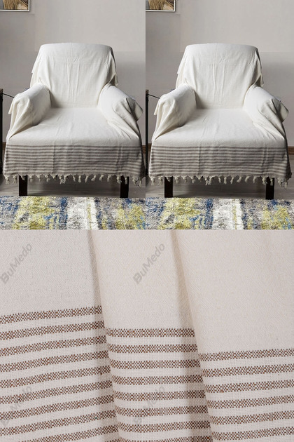 Buldan İşi Cotton 2-Piece Armchair Cover Set 180X150 cm - Woven Fabric Covering the Arms - Cream Brown