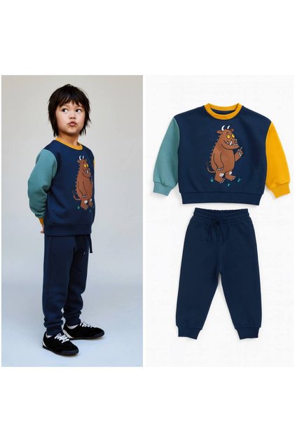 Hei Navy Blue Character Color Block Bottom Top Unisex Children's Tracksuit Set