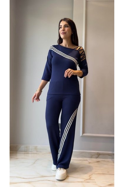 Women's Long Sleeve Three Quarter Sleeve One Shoulder Cross Striped Detail Ribbed Viscose Two Thread Blouse and Pant