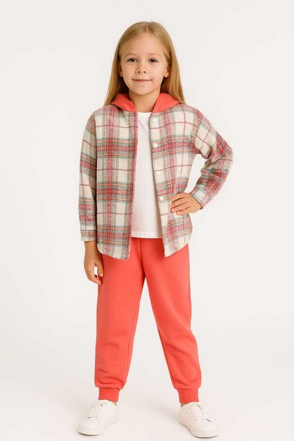 Girl's Button Closure Hooded Cardigan Long Sleeve T-Shirt Elastic Waist Bottom Tracksuit Set