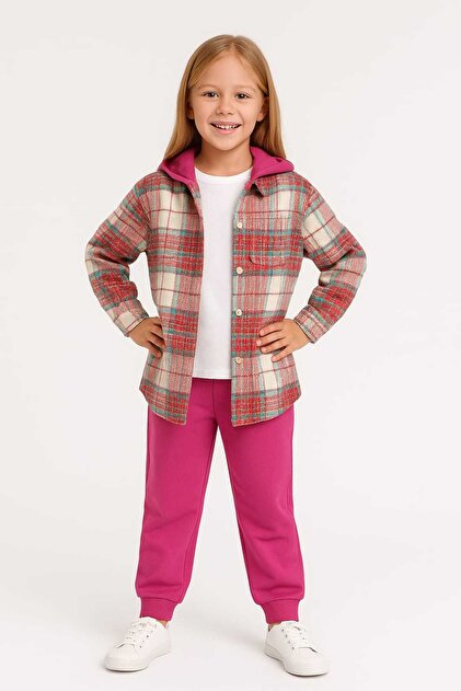 Girl's Button Closure Hooded Cardigan Long Sleeve T-Shirt Elastic Waist Bottom Tracksuit Set