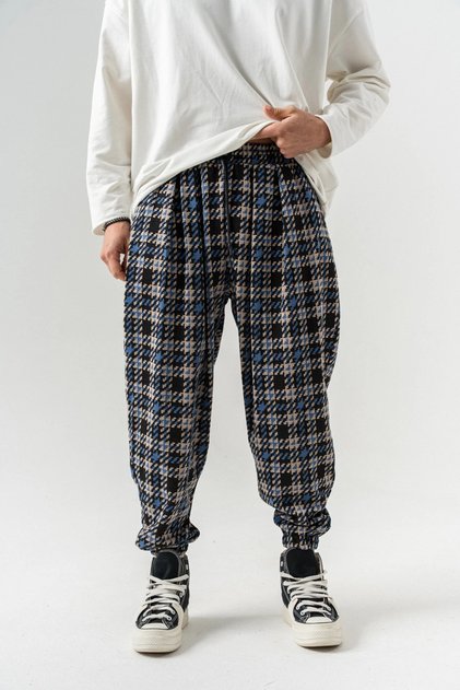 Plaid Bell and Leg Elasticated Pleated Shalwar