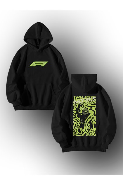 Kadın Erkek Siyah F1 Norris Baskılı Oversize Kapşonlu Kanguru Cepli Hoodie