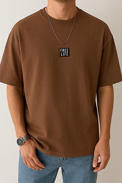 Men's Brown Free Life Printed Oversized T-Shirt