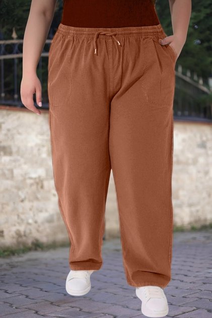 Plus Size Pants with a Relaxed Fit, Raw Fabric, Linen, 100% Cotton (Brown)