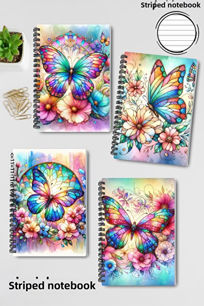 Colorful Butterfly Design Wire Spiral A5 Lined 4-Piece Souvenir, Memory, School Notebook Set