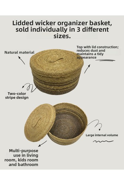 Multi-Purpose Basket with Lid, Round, Gray Striped, Made of Natural Fibers, 3 Different Sizes, Sold Individually