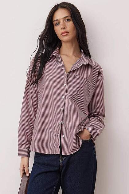 Trendyol Collection Burgundy Striped Oversized /Wide Fit Shirt Twoaw26Go00126- Trendyol Trendyol Collection Burgundy Striped Oversized /Wide Fit Shirt Twoaw26Go00126- Trendyol