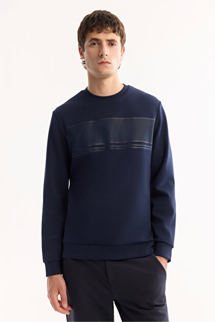 Avva Erkek Lacivert Bisiklet Yaka Silikon Baskılı İnterlok