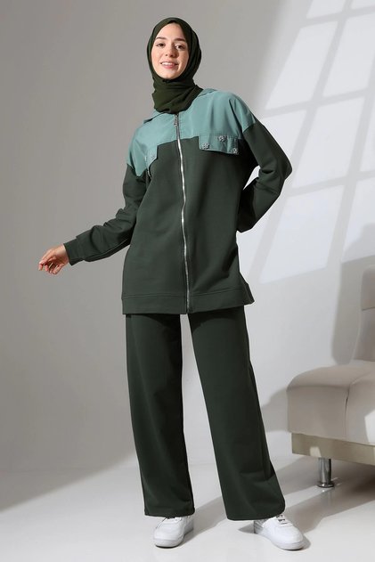 Women's Khaki Green Seasonal Combed Cotton Bottom Top Sports and Comfortable Double Tunic Pants Stylish Hijab Suit