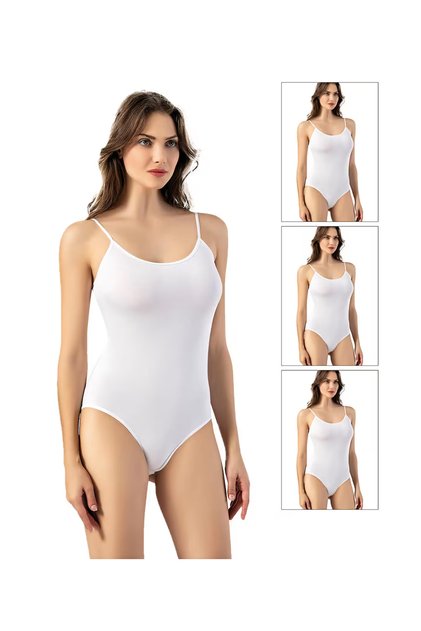 3-Pack Women's String Strap Bodysuit with Hooks White Combed Cotton
