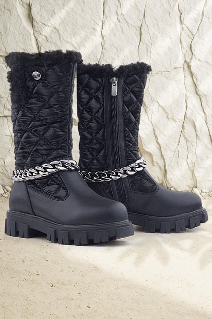 Black Long Zippered Chain Detailed Girls' Rain Boots