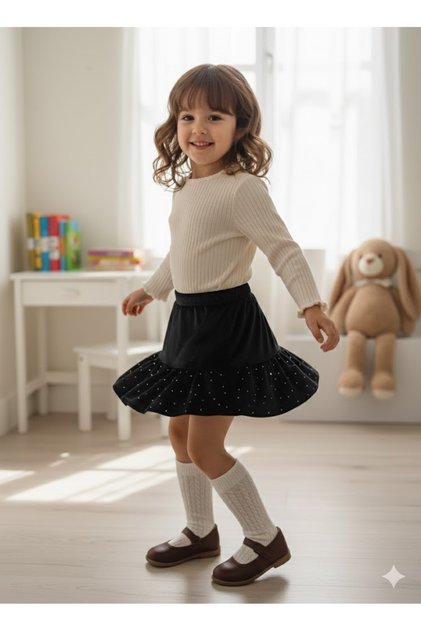 Eid Girl's French Velvet Volan Skirt Short Mini Pearl and Stone Decorated Elastic Waist Black
