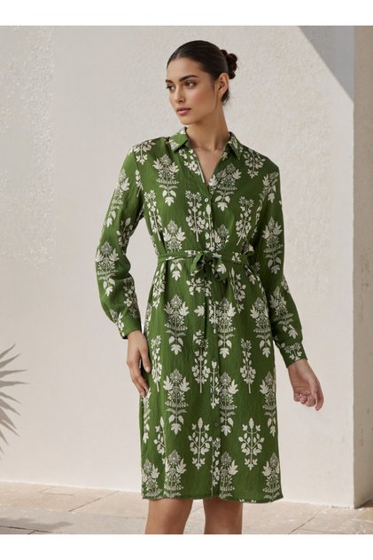 Knee Length Shirt Belted Dress with Floral Print