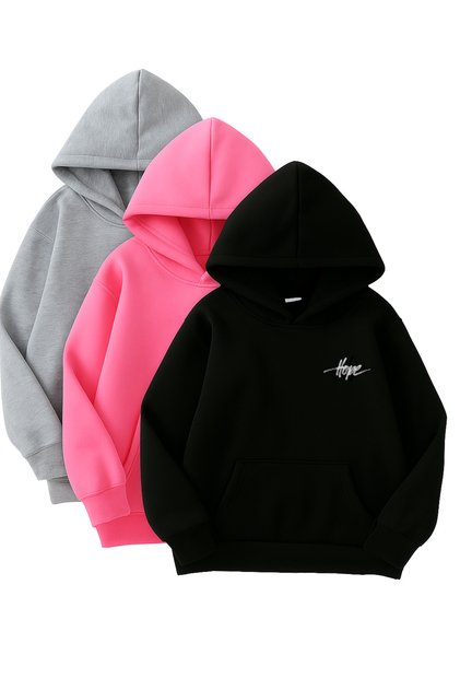3-Piece Hooded Sweatshirt Set - Minimal Hope Printed - Black, Pink, Gray - Winter Brushed Inside Fabric